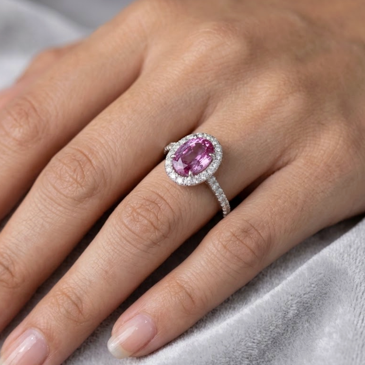 Anillo zafiro rosa Halo Diamantes