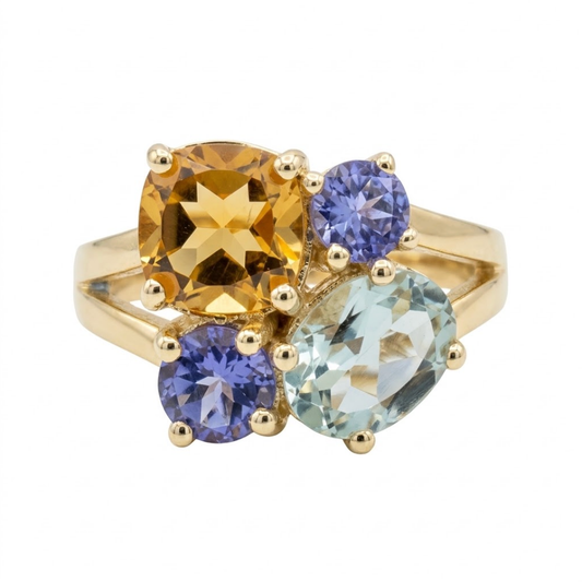 Anillo citrino, amatista y tanzanita