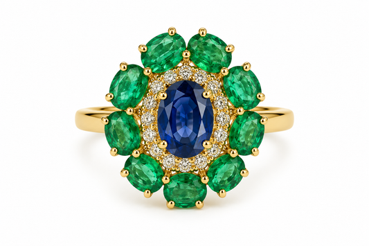 Anillo con zafiro azul y esmeraldas