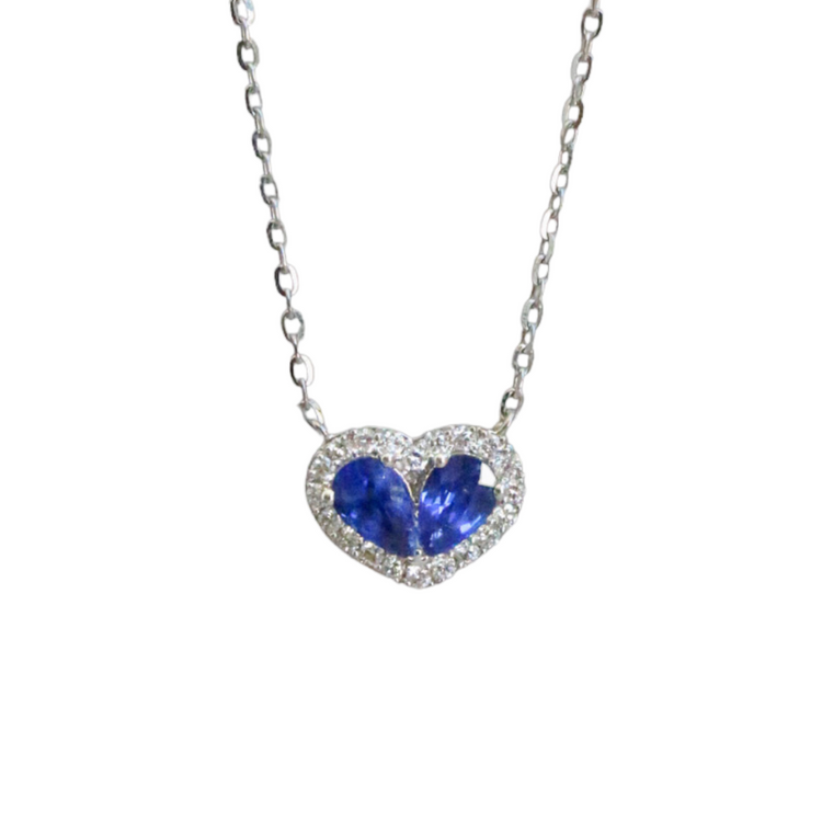 Collar de corazón zafiros halo de diamantes