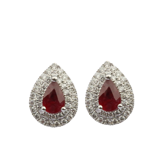 Aretes rubí con diamantes doble halo