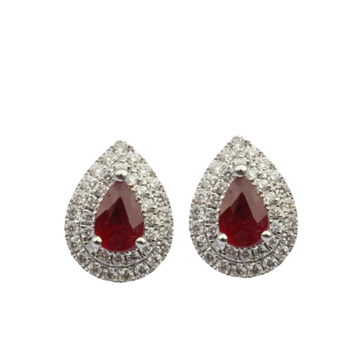 Aretes rubí con diamantes doble halo