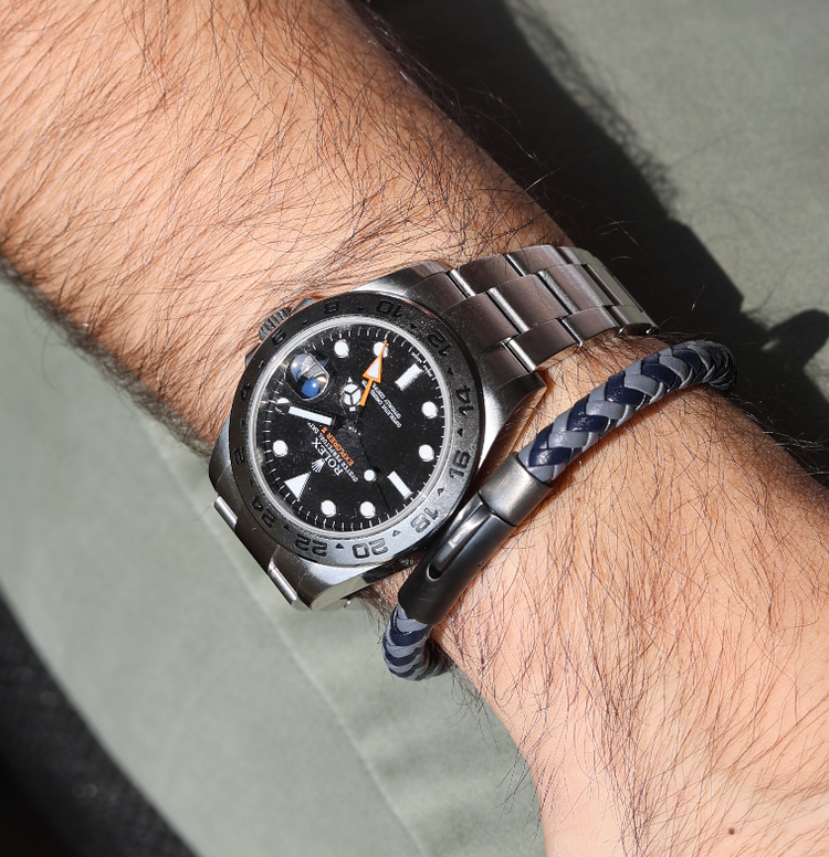 Pulsera Cuero Azul Gris Trenzado