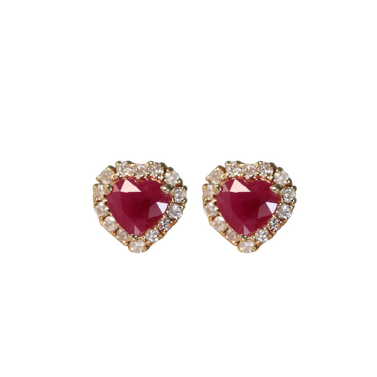 Aretes de Rubi Corazón Halo Diamantes