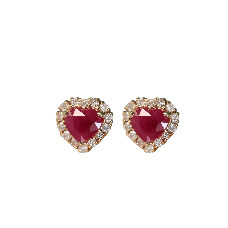 Aretes de Rubi Corazón Halo Diamantes