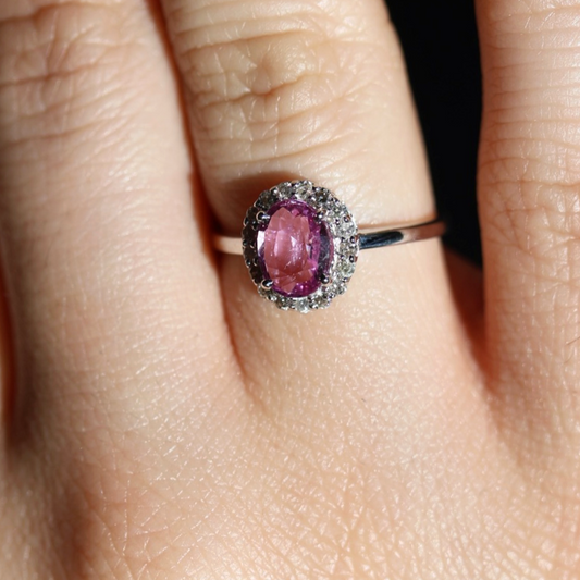 Anillo Zafiro Rosa Halo Diamantes