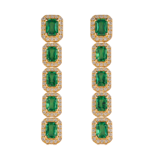 Aretes Largos de Esmeralda con Halo Diamantes