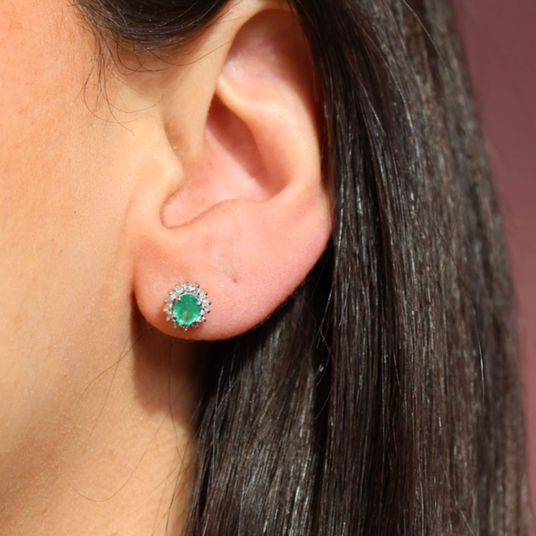 Aretes Esmeralda Halo Diamantes
