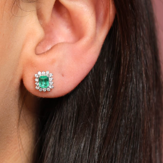 Aretes Esmeralda Halo Diamantes