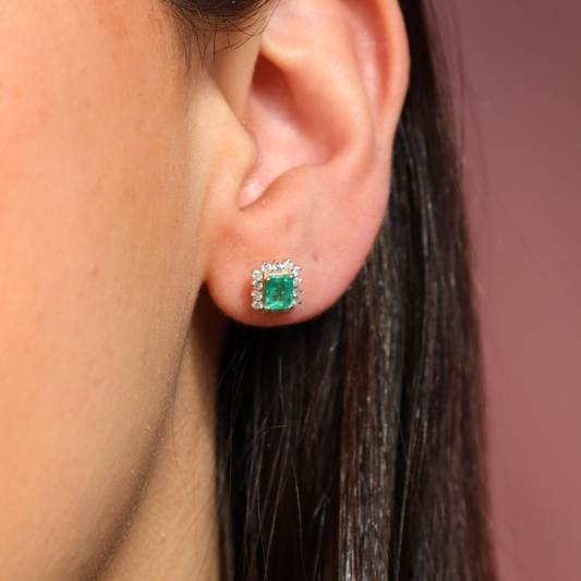 Aretes Esmeralda Halo Diamantes