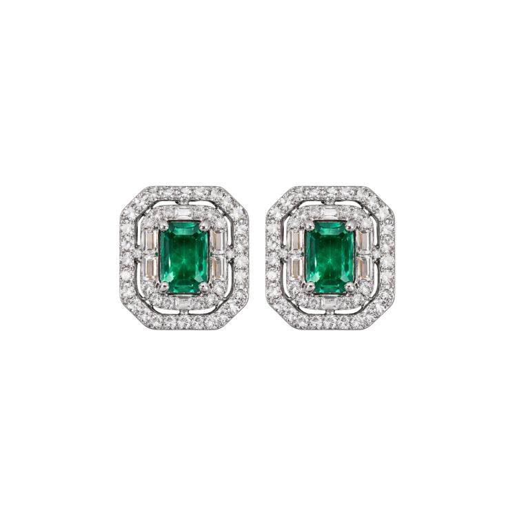 Double Halo Emerald Earrings with Diamonds