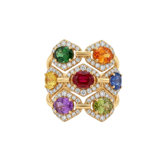 Anillo de zafiros rainbow y diamantes