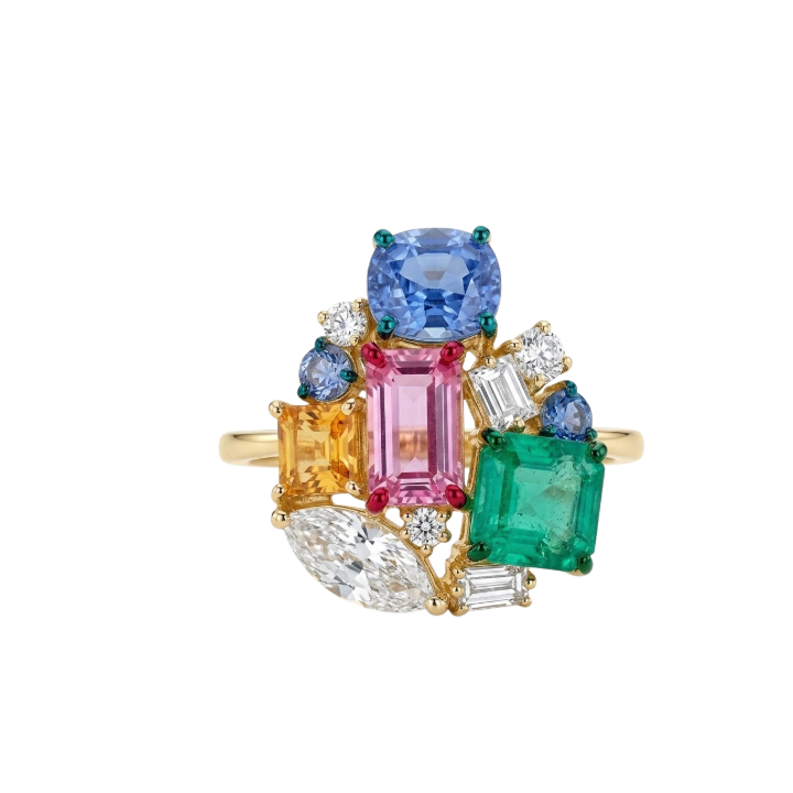Anillo de Turmalina, Esmeralda, Diamante y Zafiro
