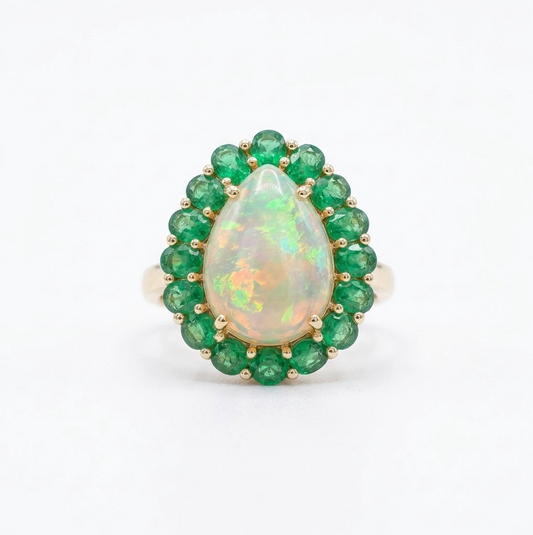Anillo ópalo y esmeraldas