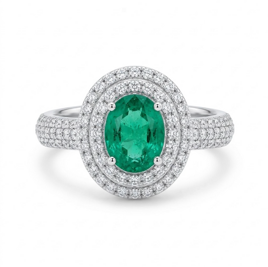 ANILLO ESMERALDA Y DOBLE HALO DE DIAMANTES