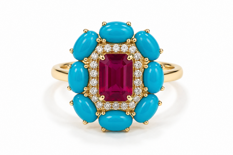 Anillo rubí y turquesas