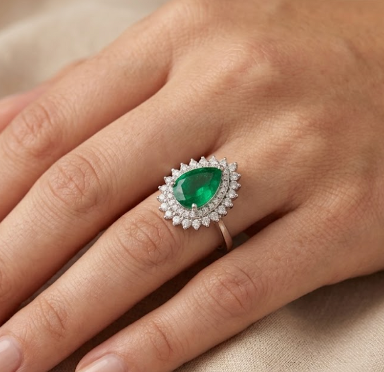 Anillo Esmeralda Pear con halo de diamantes