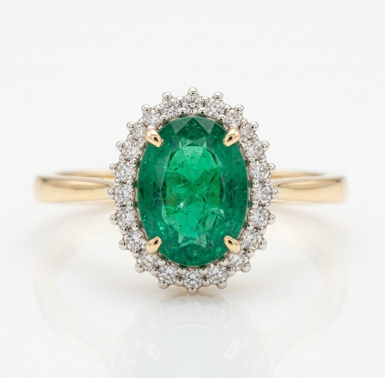 Anillo Esmeralda con halo de diamantes