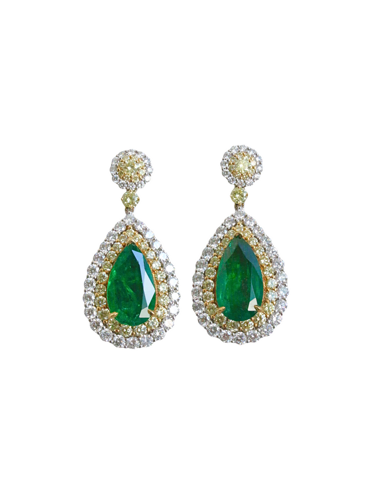 Emerald drop earrings with diamonds and Fancy Yellow GIA