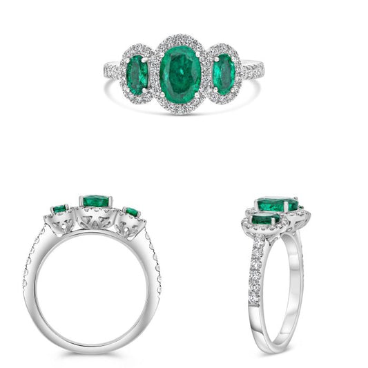 Three Stone Sapphire and Diamond Halo Ring