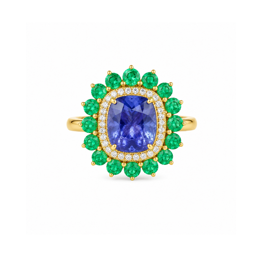 Anillo Tanzanita con Esmeraldas y Diamantes