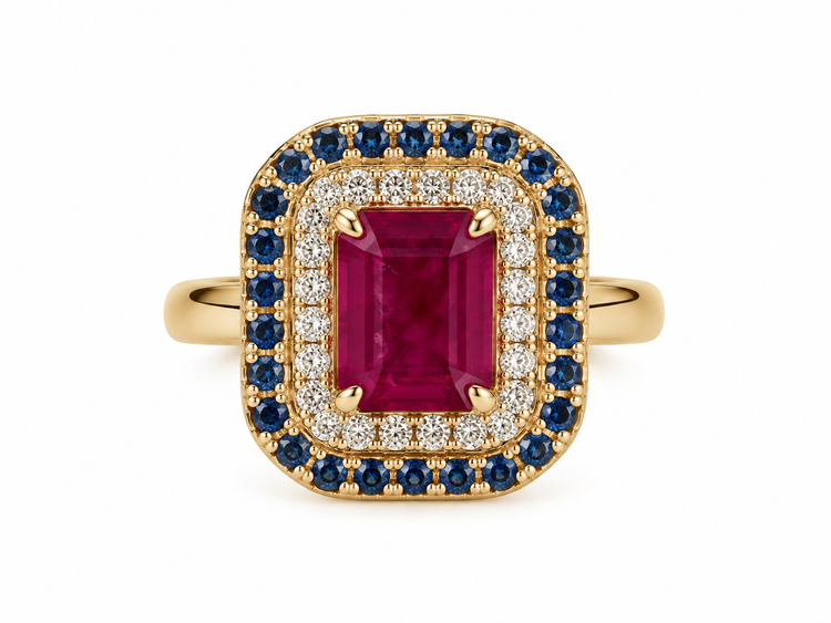 Anillo Rubí Diamantes Fancy Blue