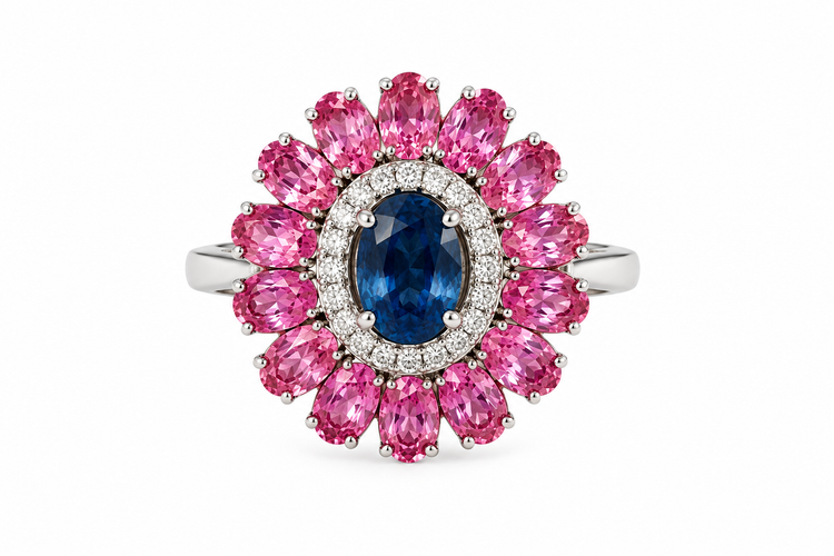 Anillo con zafiros azules y rosas