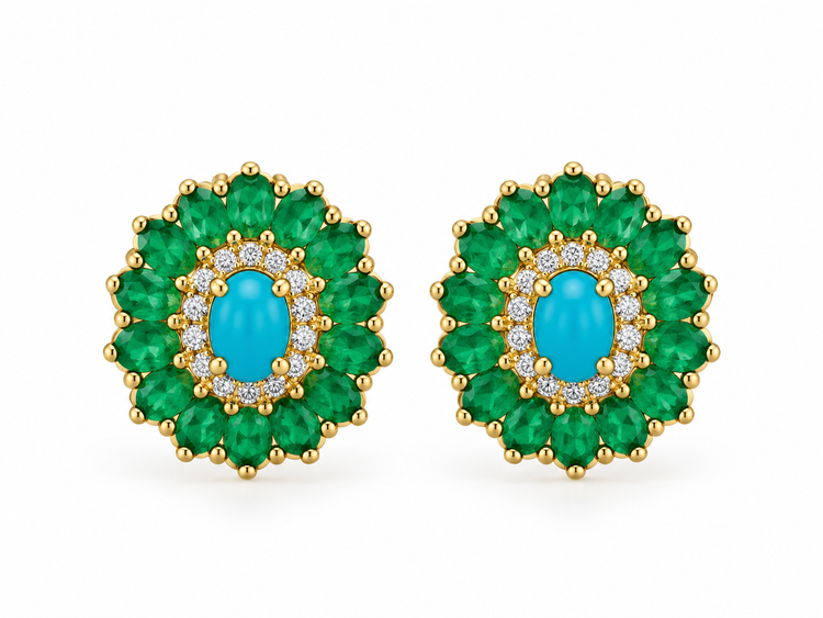 Aretes Turquesa Esmeralda y Diamantes