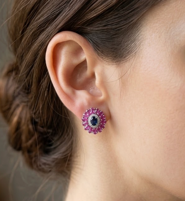 Aretes de zafiros azules y rosas