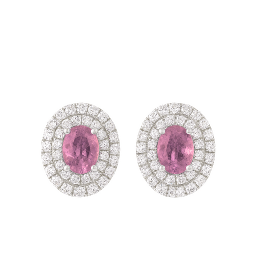 Aretes zafiro rosa con diamantes doble halo
