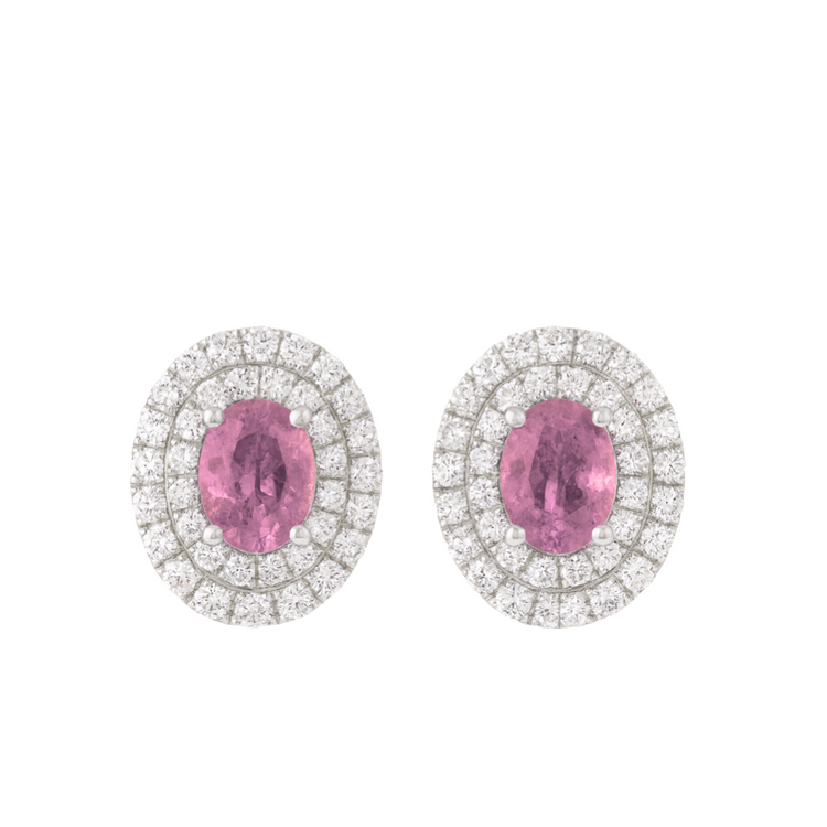 Aretes zafiro rosa con diamantes doble halo