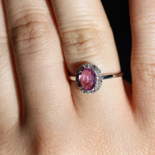 Anillo Zafiro Rosa Halo Diamantes