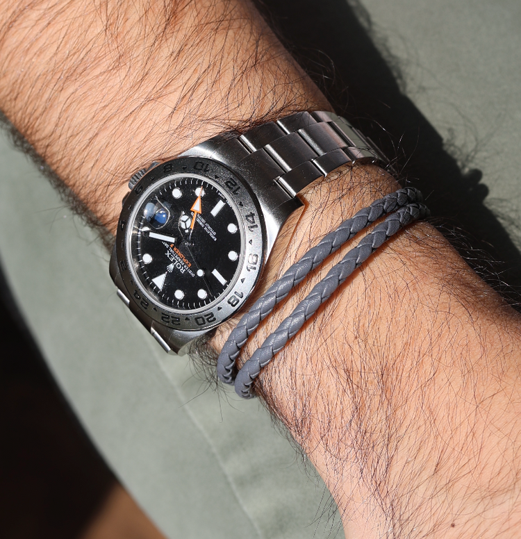 Pulsera Cuero Gris Doble Trenzado