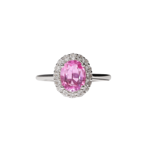Anillo Zafiro Rosa Halo Diamantes