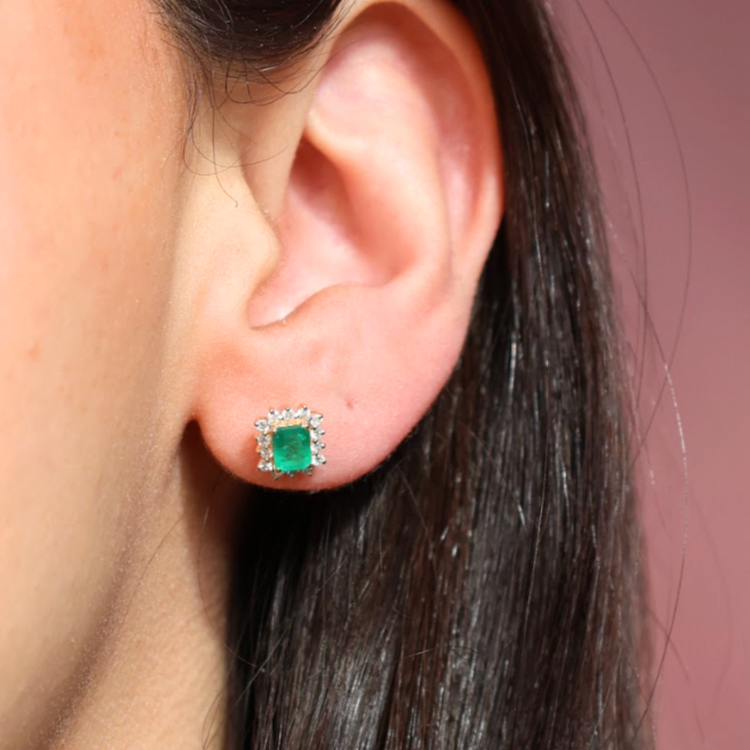 Aretes Esmeralda Halo Diamantes