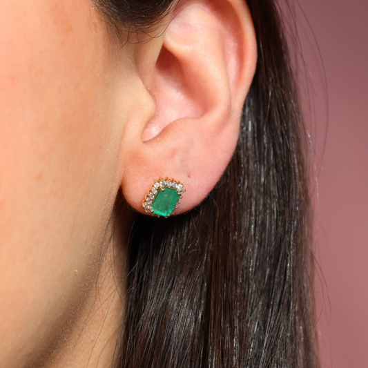 Aretes Esmeralda Halo Diamantes