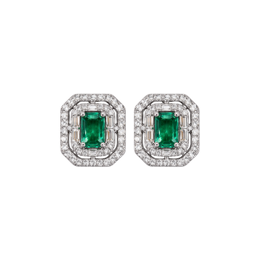 Double Halo Emerald Earrings with Diamonds 
