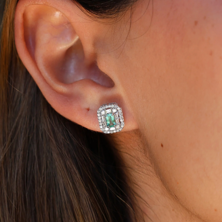 Double Halo Emerald Earrings with Diamonds 