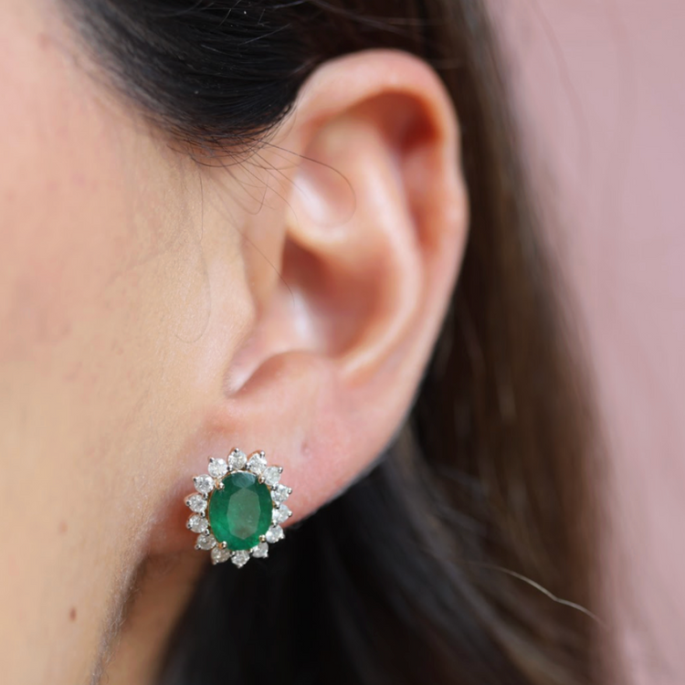 Emerald Halo Diamond Earrings