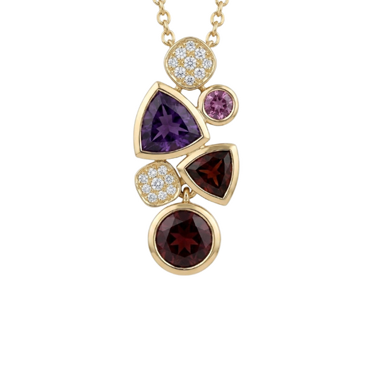 Dije con amatista, turmalina rosa, diamantes y granate