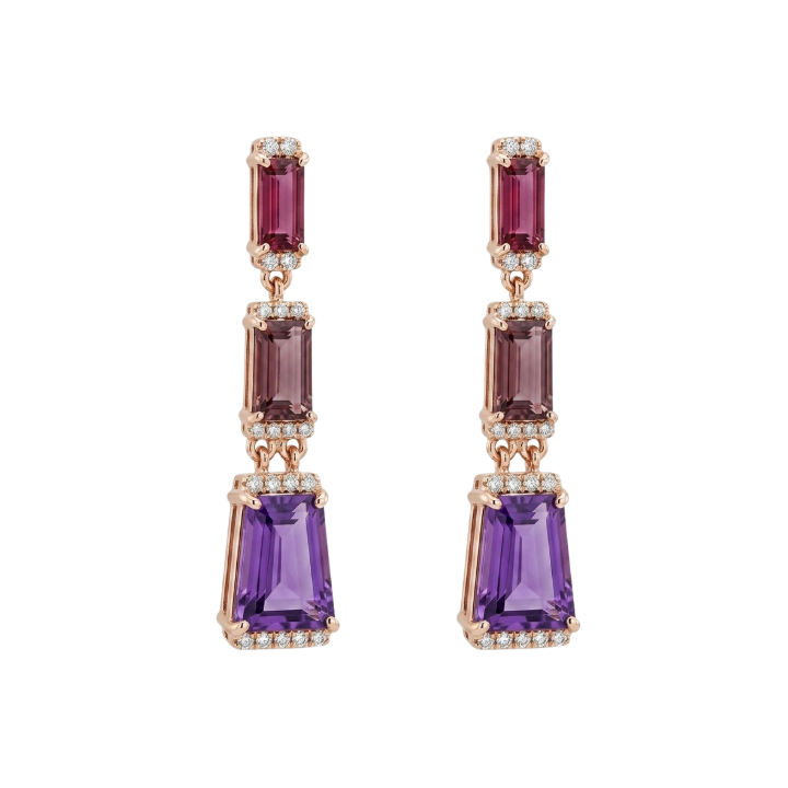 Aretes con granate, amatista, turmalina rosa y diamante
