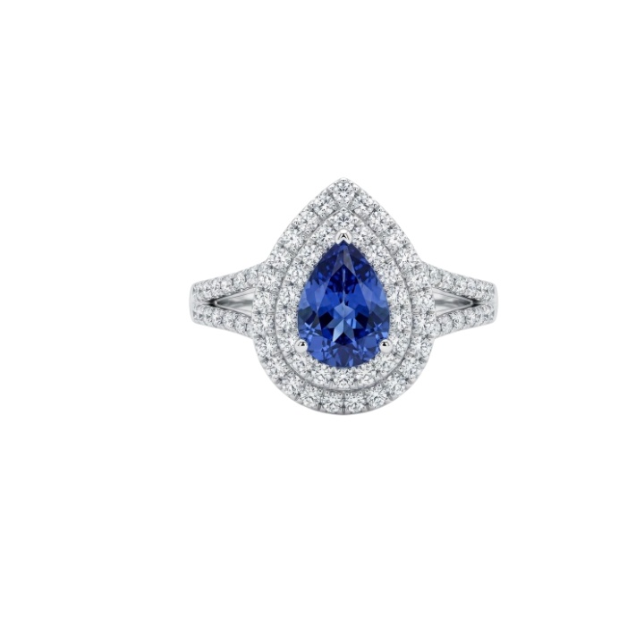Anillo corte pera con doble halo zafiro con diamantes