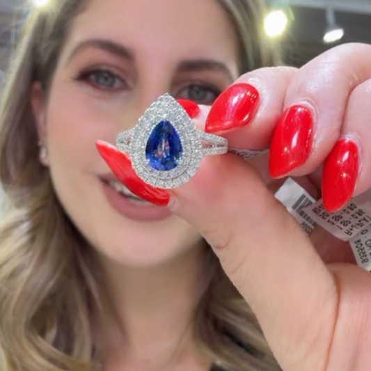 Anillo corte pera con doble halo zafiro con diamantes