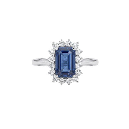 Anillo de zafiro con halo de diamantes