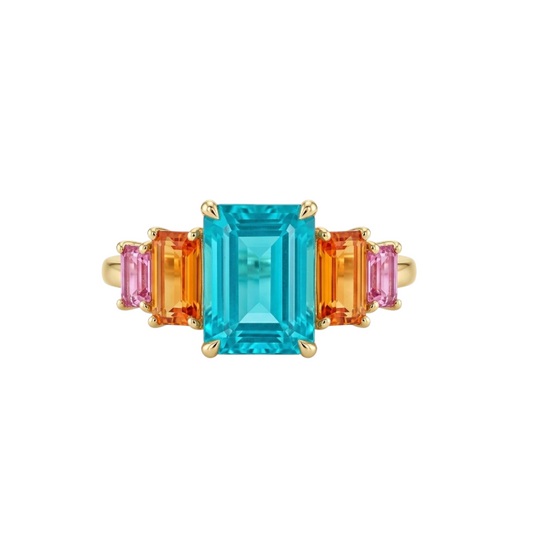 Anillo Esmeralda, zafiro amarillo y rosa