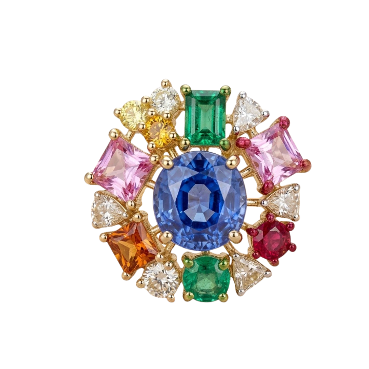 Anillo de tanzanita, esmeralda, zafiro, diamantes y rubi