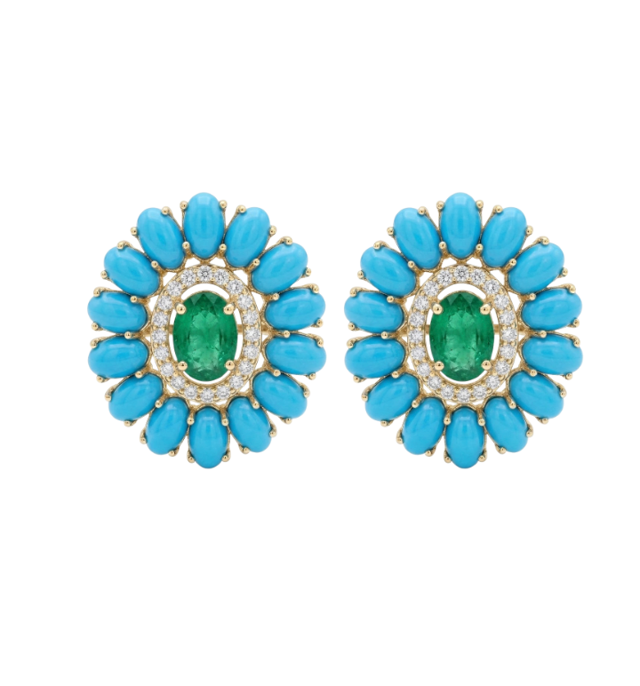 Aretes de turquesa, esmeralda y diamantes