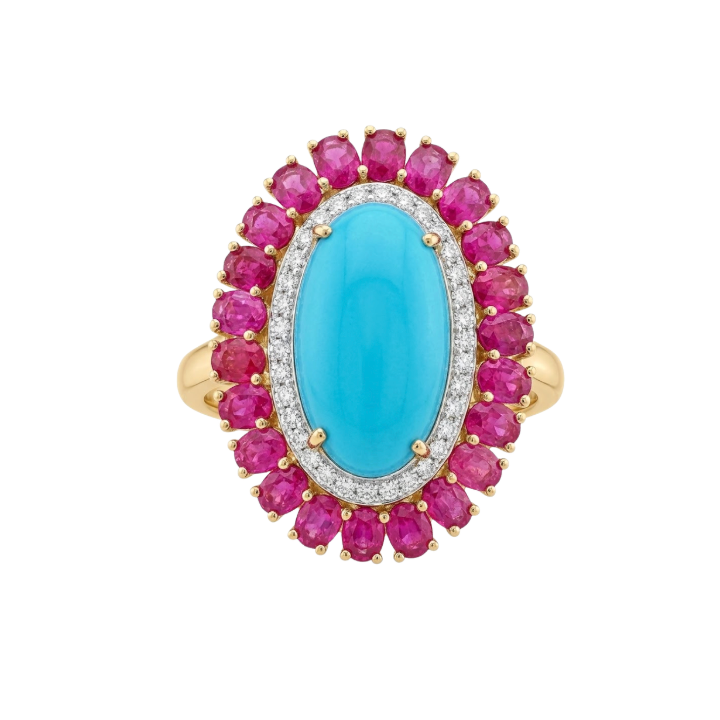 Anillo de turquesa, rubi y diamantes