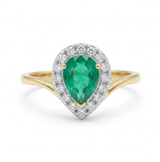 Anillo Pear esmeralda con halo de diamantes