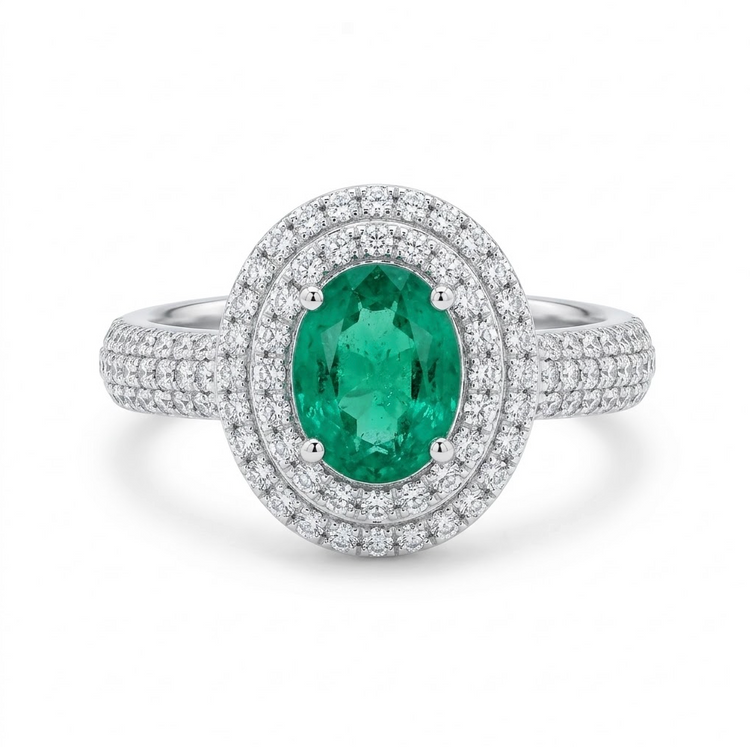 ANILLO ESMERALDA Y DOBLE HALO DE DIAMANTES